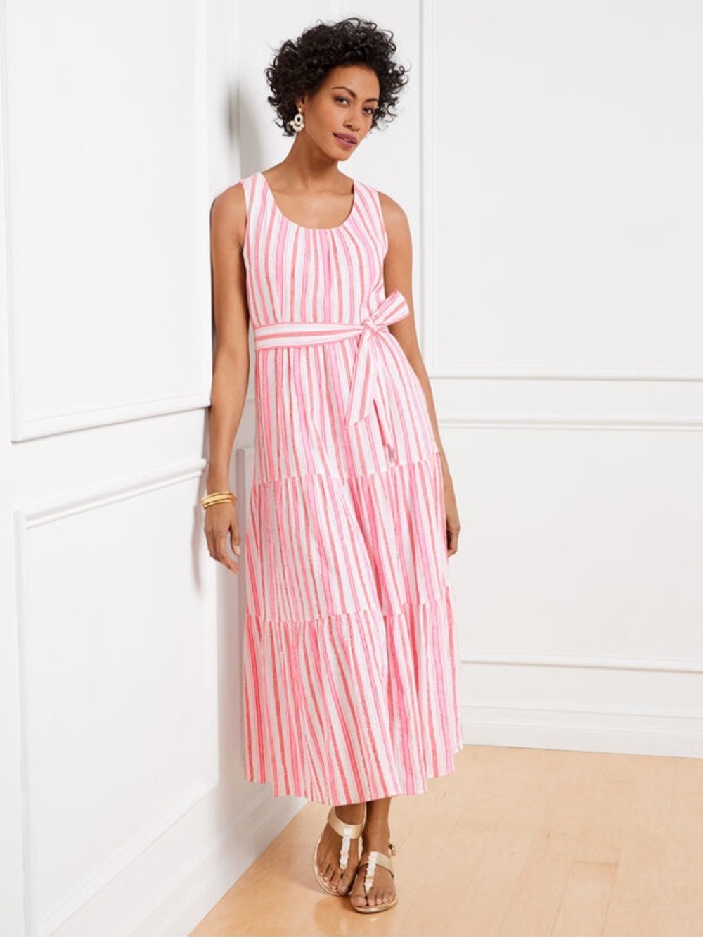 albots Gauze Maxi Dress Size 16 Breezy Stripe Sleeveless Tie Waist Vacation Vibe